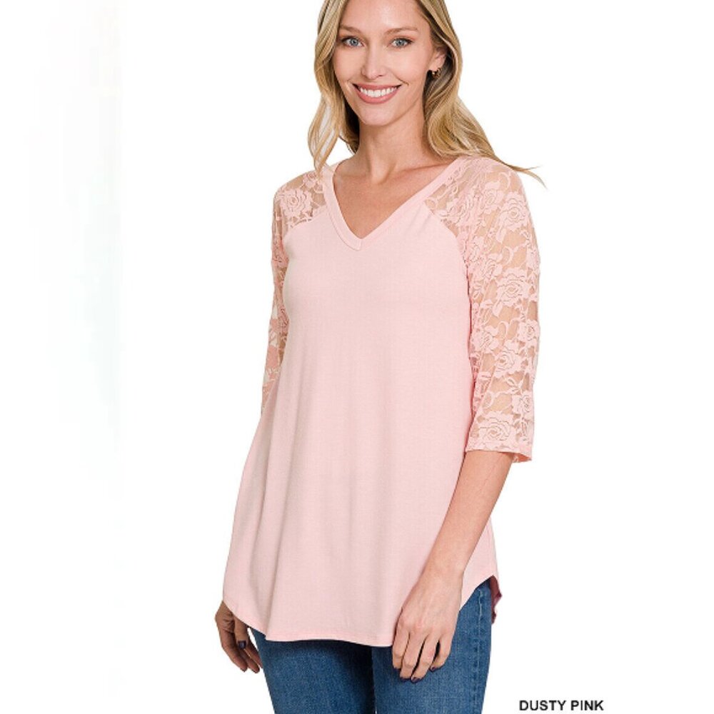 Zenana Women's V-Neck Lace 3/4 Sleeve Round Hem Blouse Top Tunic Dusty Pink S-3X